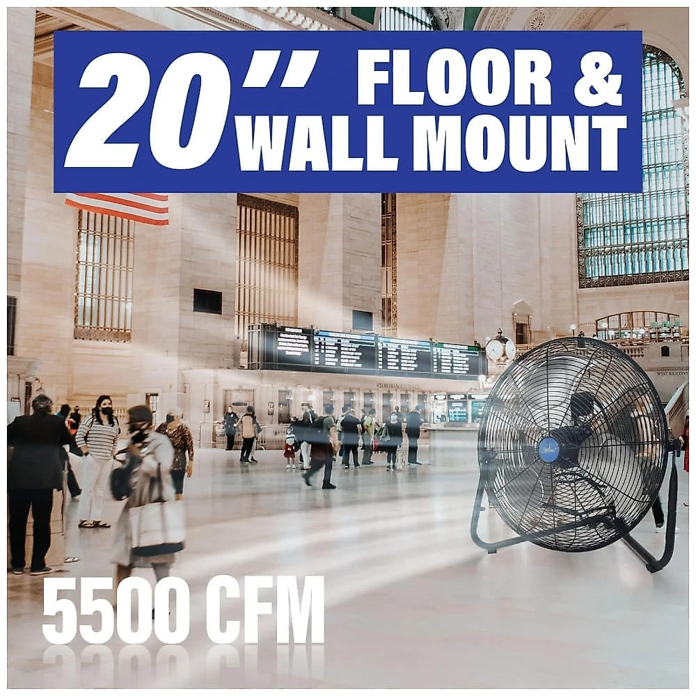 Ventilador Industrial iLIVING ILG8F20 Preto 50,8 cm, 3 Velocidades, Motor 160W, Alta Vazão 5800 CFM, Suporte Piso/Parede, Voltagem 110V