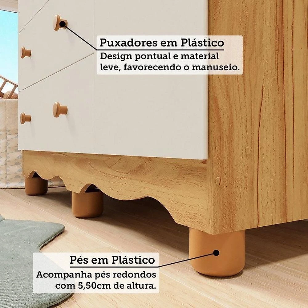 Quarto de Bebê Completo Berço 3 em 1, Cômoda e Guarda Roupa MDF Nina Espresso Móveis Branco/Amê Off White/Amêndoa