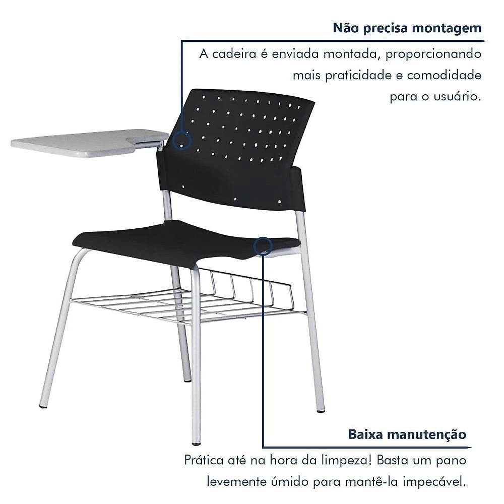 Kit 6 Cadeiras Escolar com Prancheta e Suporte para Livros Movie Conjunto 6 Cadeiras Escolar com Prancheta e Suporte para Livros Movie Preto