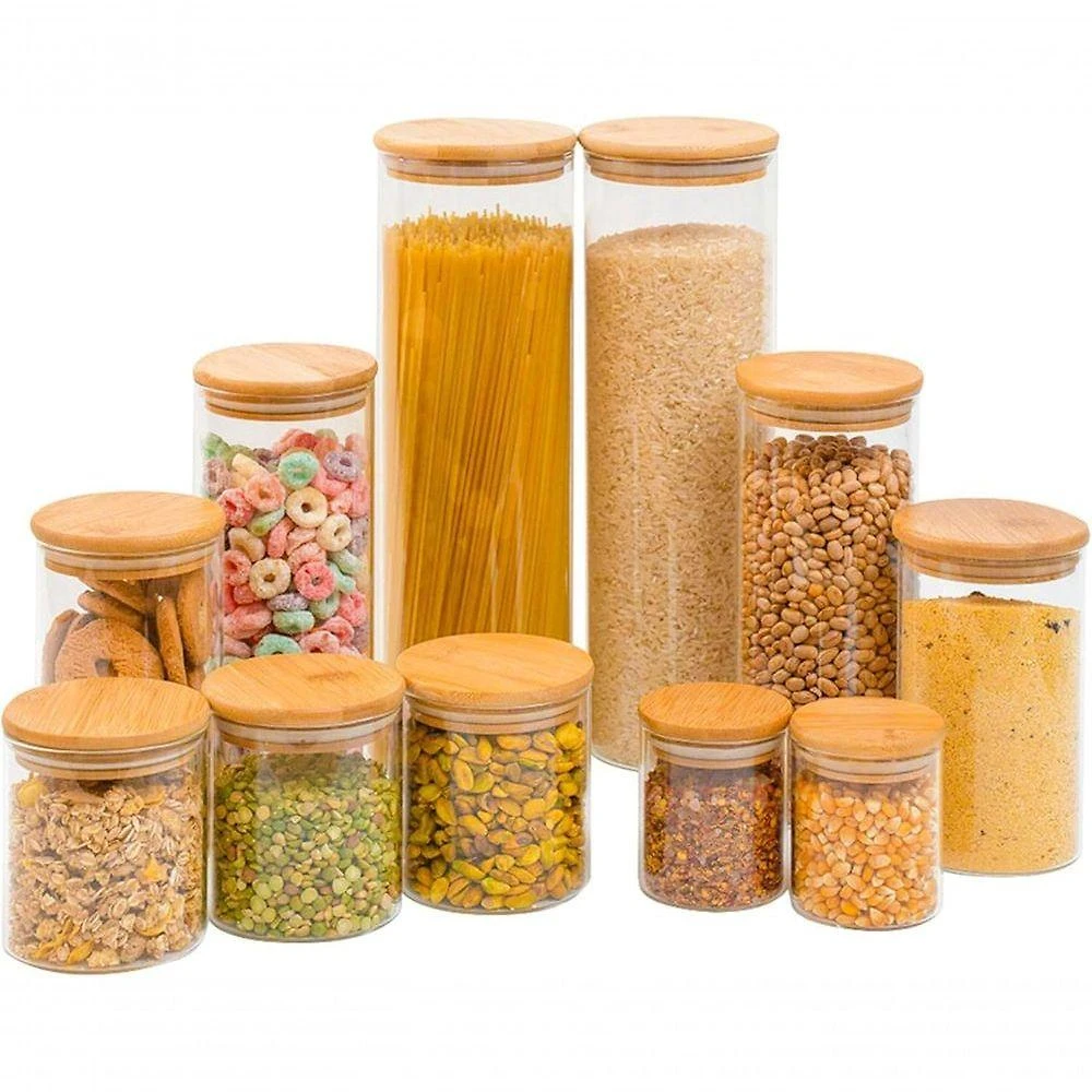 Kit 11 Potes Herméticos de Vidro com Tampa de Bambu para Despensa Transparente Tudo em Grãos