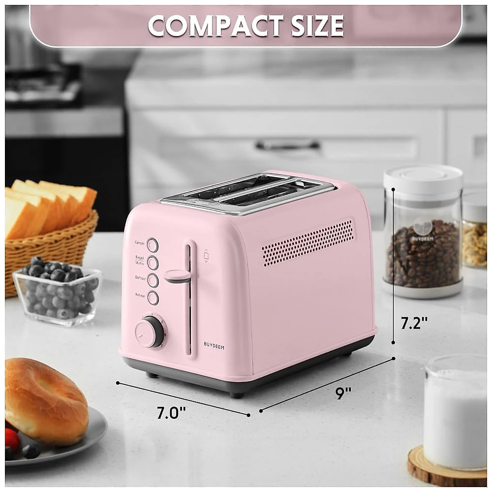 Torradeira BUYDEEM DT620 Rosa 2 Fatias com Fendas Largas, Função Bagel e Muffin, Bandeja de Migalhas Removível e 7 Níveis de Tostagem, 110V