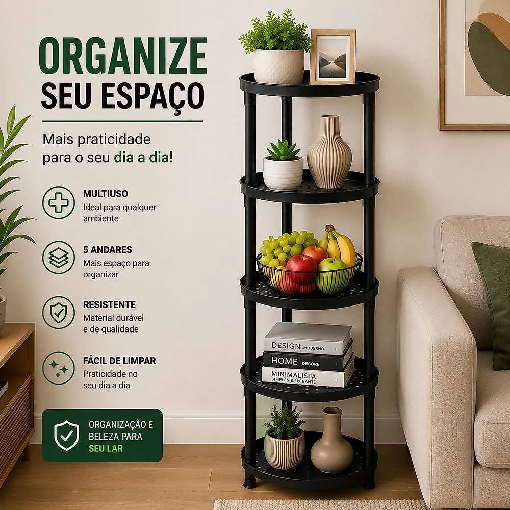 Estante Organizadora Modular Multiuso 5 Andares Preta com Prateleiras Vazadas para Cozinha Sala