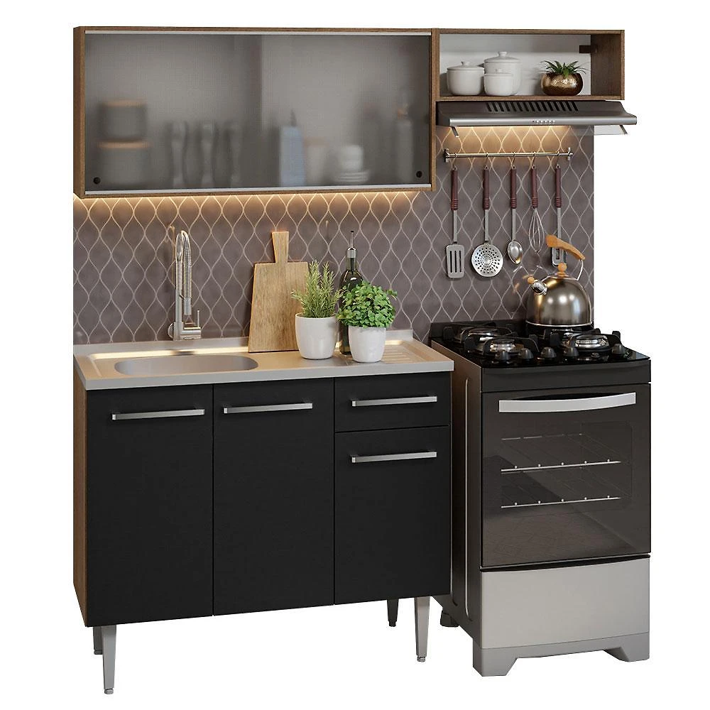 Armário de cozinha compacta 165cm com pia rustic/preto emilly madesa 05