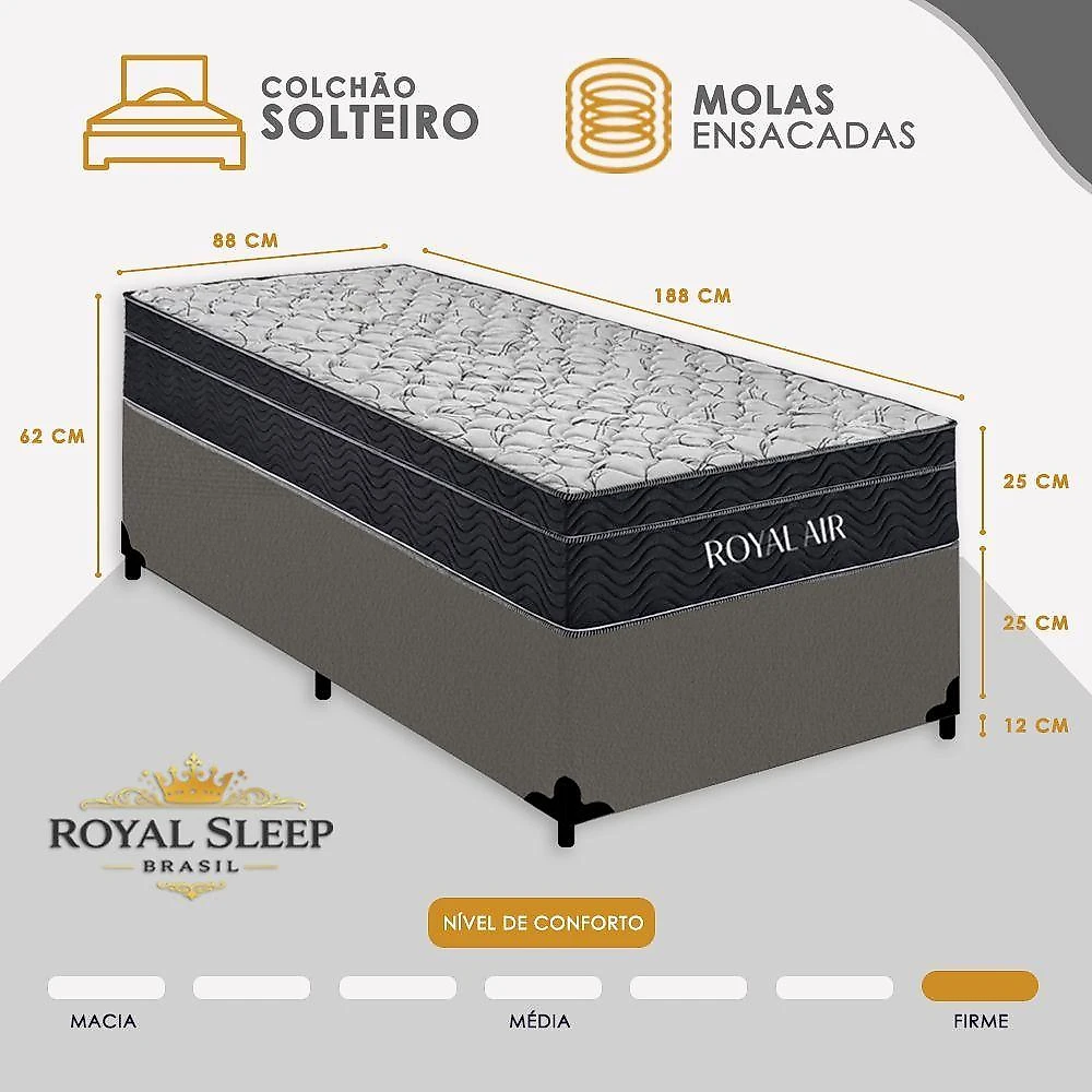 Cama Box com Baú Solteiro Royal Air Molas Ensacadas Madeira Suede Cinza Royal