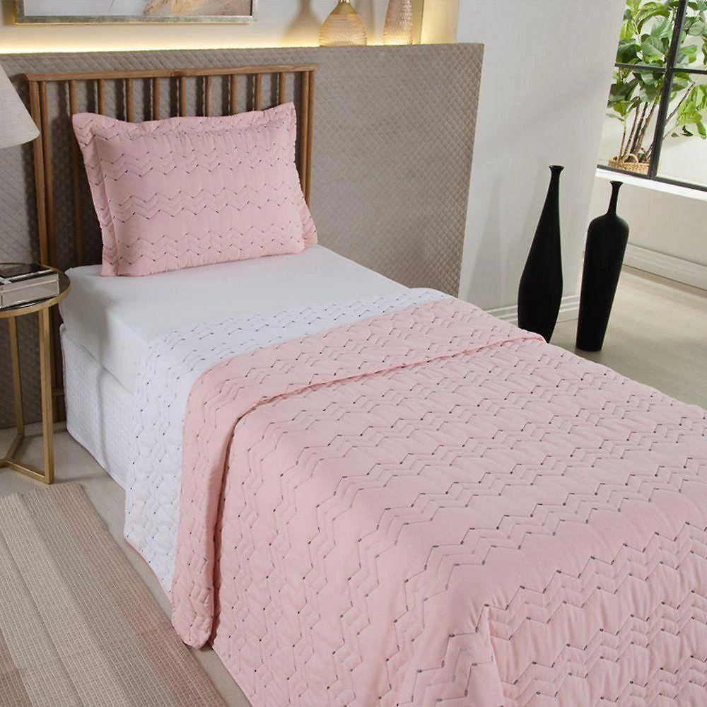 Cobre Leito Dalu Solteiro Hipercal 200 Fios Bordado 2 Peças 100% Poliéster - Rose Com Branco