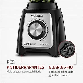 Liquidificador Mondial Turbo Glass L-1400 GI Preto/Inox 1400W com Jarra de Vidro 110V
