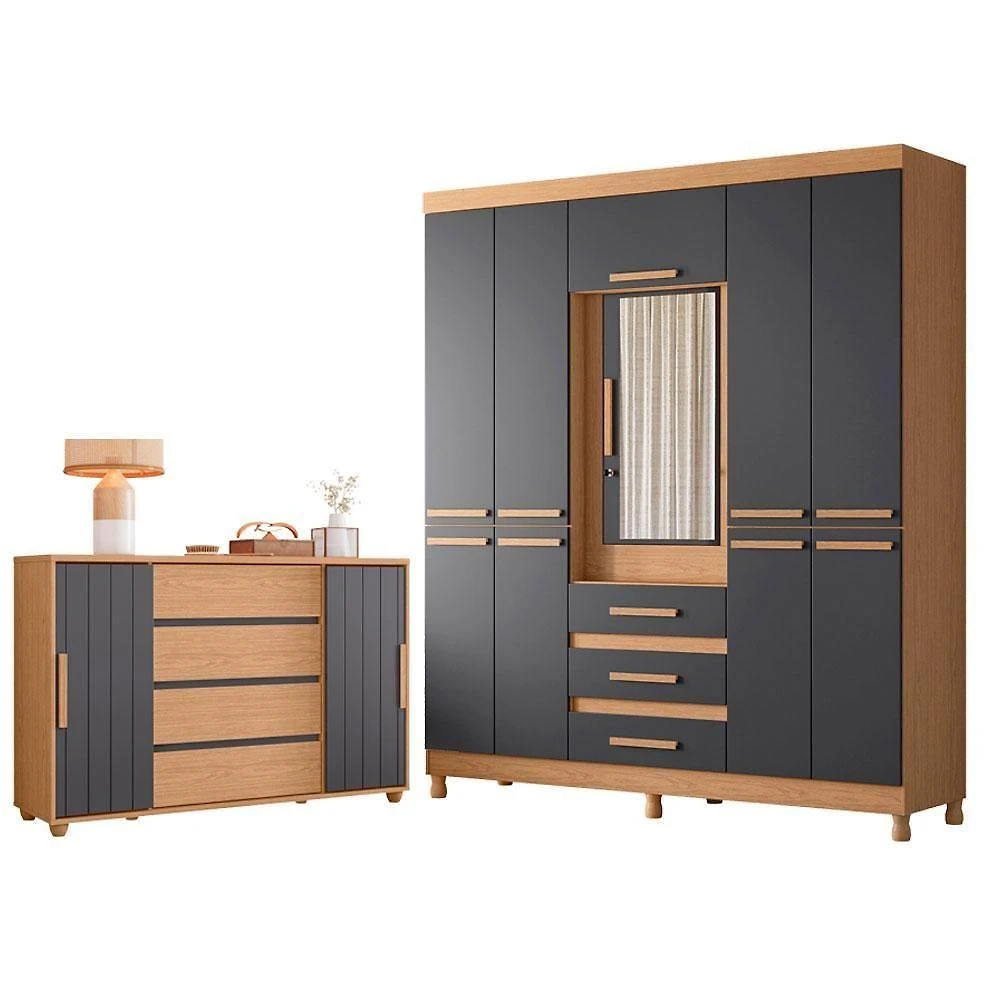 Guarda Roupa Casal New Fusion 10 Portas 3 Gavetas MDF Off White Titanium Flex com Cômoda Evidenza