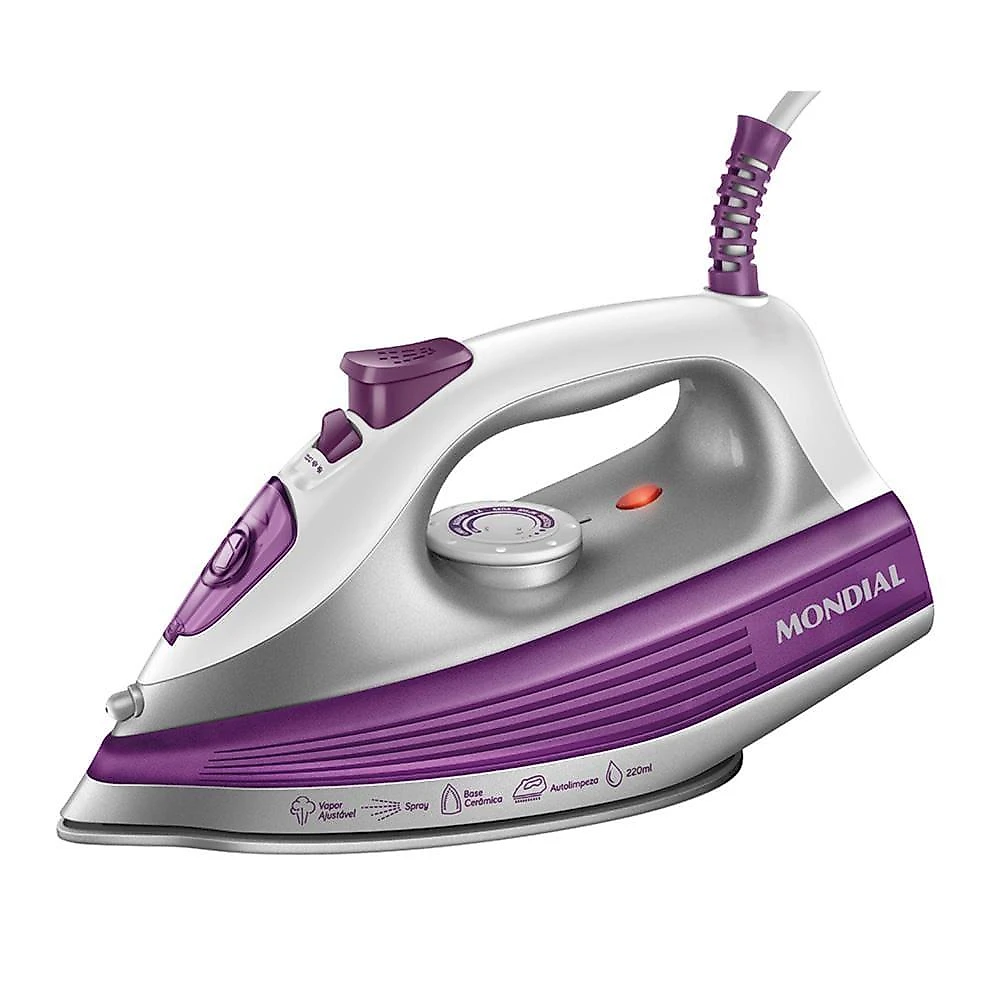Ferro de passar a vapor mondial fvn-01-p spray e base cerâmica diamante branco/roxo 110