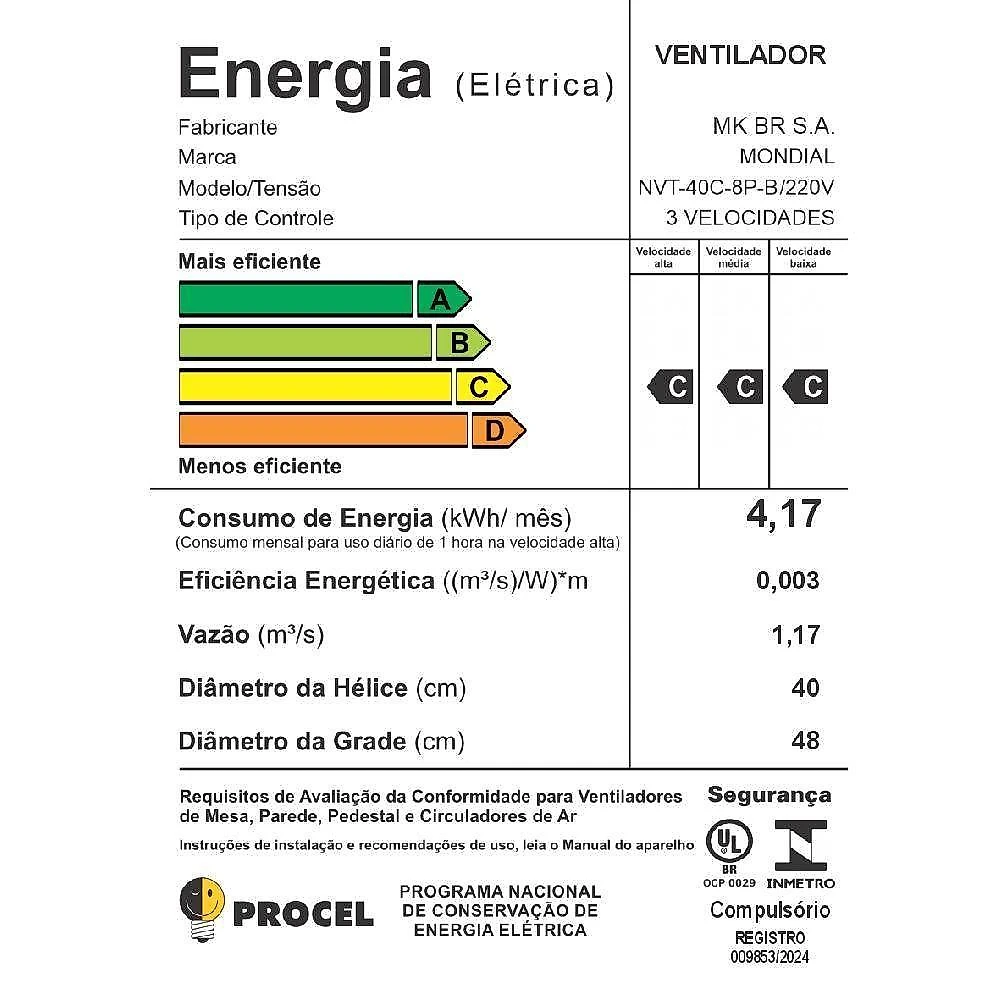 Ventilador de coluna mondial nvt-40c-8p-b turbo 40cm 8 pás preto 220v 3799-02