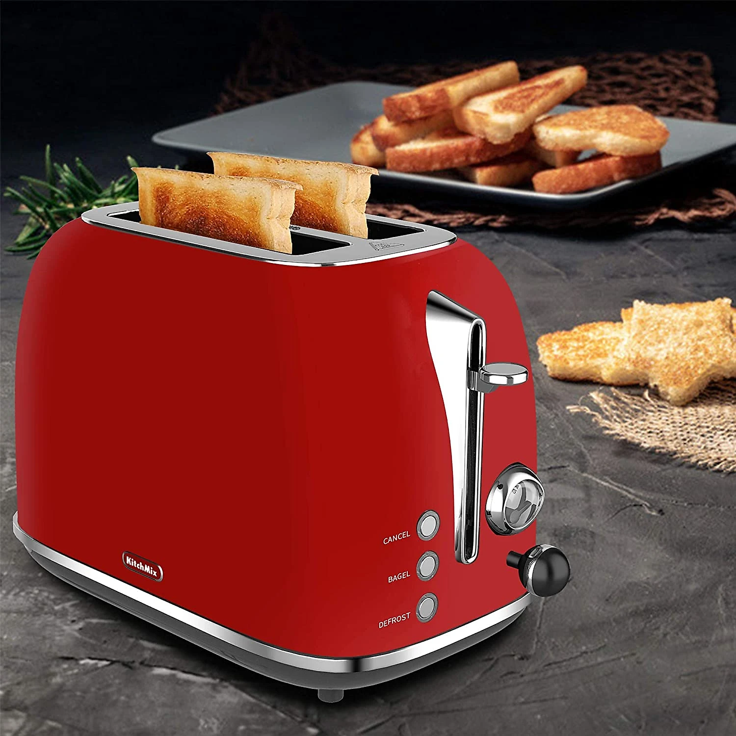 2 Slice Toaster KitchMix Retro Stainless Steel Bread Toasters with 6 Settings 15 In Extra Wide Slots BagelDefrostCancel Function Removable Crumb Tray Red