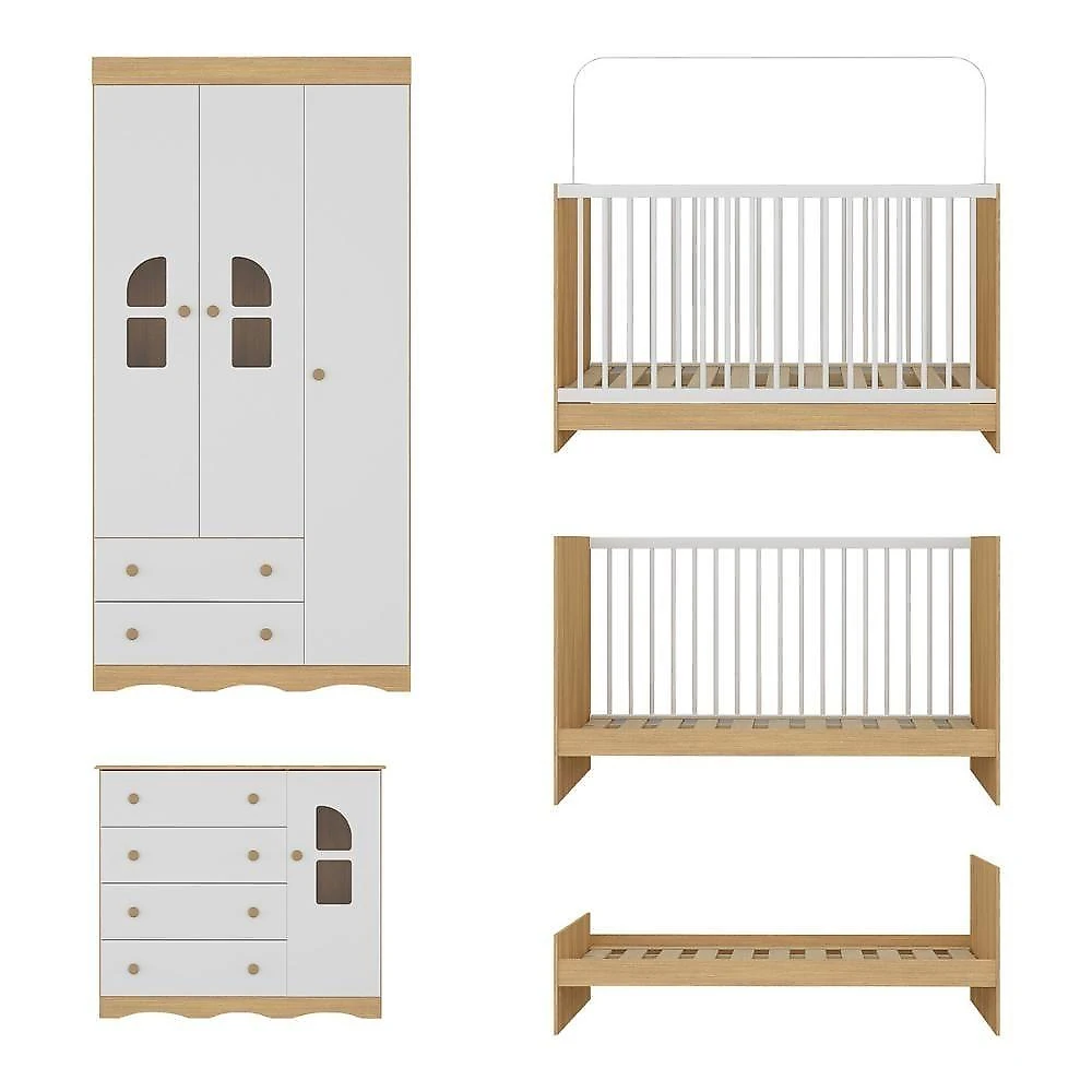 Quarto De Bebê Completo Berço 3 Em 1 Para Colchão 130x60cm Liz Multimóveis MP4559 Madeirado-branco