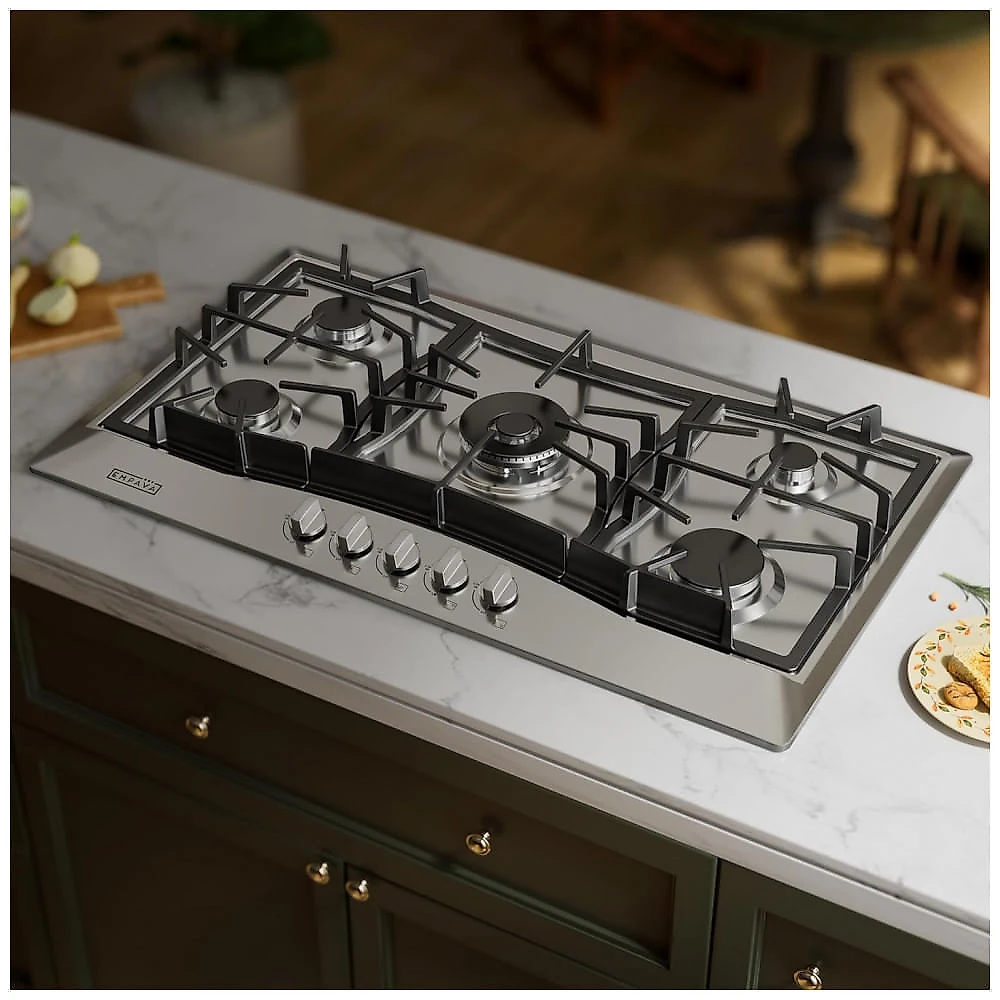 Cooktop a gás 91cm Empava inox 5 queimadores SABAF selados 57500BTU dual fuel GN/GLP ignição elétrica 110V