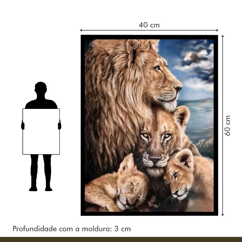 Miniatura Quadro Decorativo Leão Leoa e Filhotes Animal 005 40cmx60cm