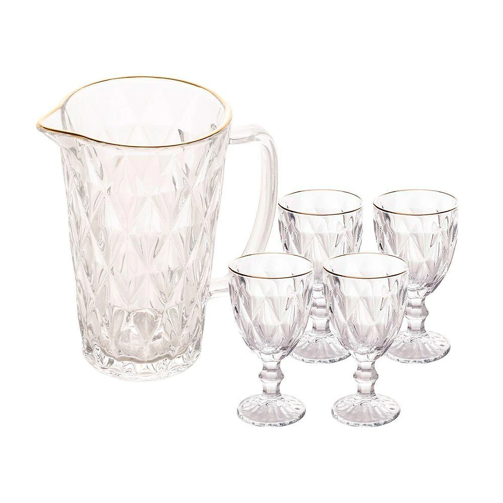 Jogo Jarra 1l Diamond Com 4 Taças De Vidro 325ml Fio De Ouro Borda Dourada água Suco Lyor