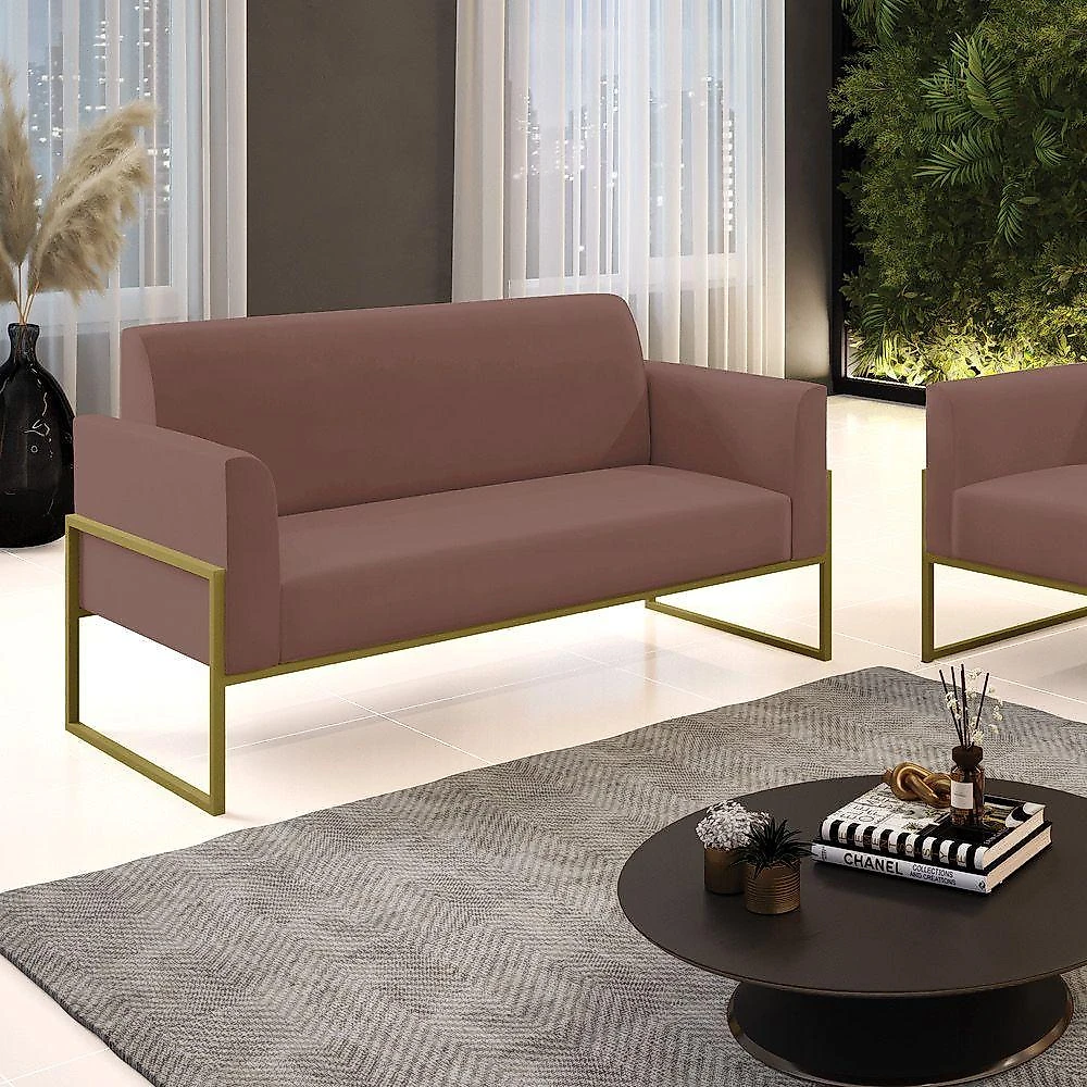 Sofá Namoradeira Base Industrial Alta Dourado Marisa Veludo D03 - D\'rossi Cor Rose