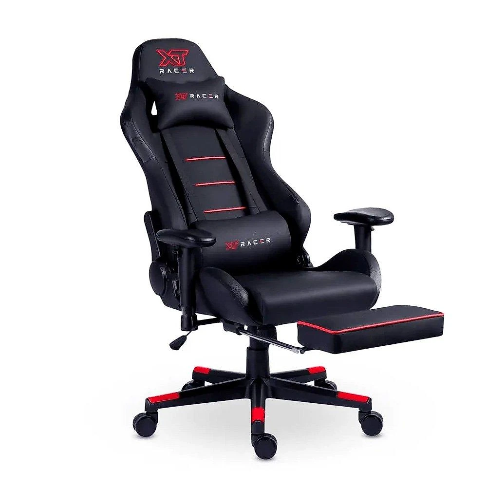 Cadeira Gamer XT Racer Attack, Até 120Kg, Reclinável, Apoio de Pés Retrátil, Cilindro de Gás Classe 4, Couro PU, Preta e Vermelha - XTR-061
