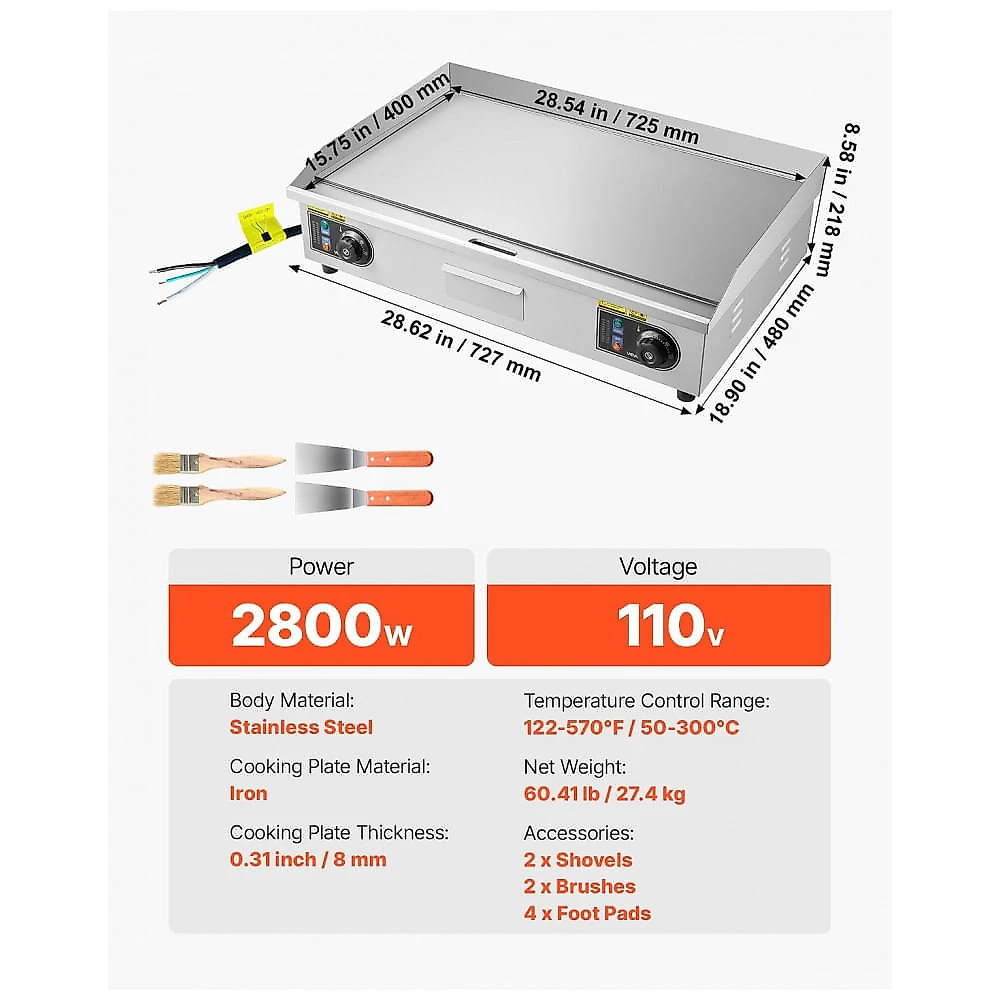 Chapa Elétrica Comercial VEVOR 72x40cm 2800W 50°C a 300°C Inox Sem PFOA 110V