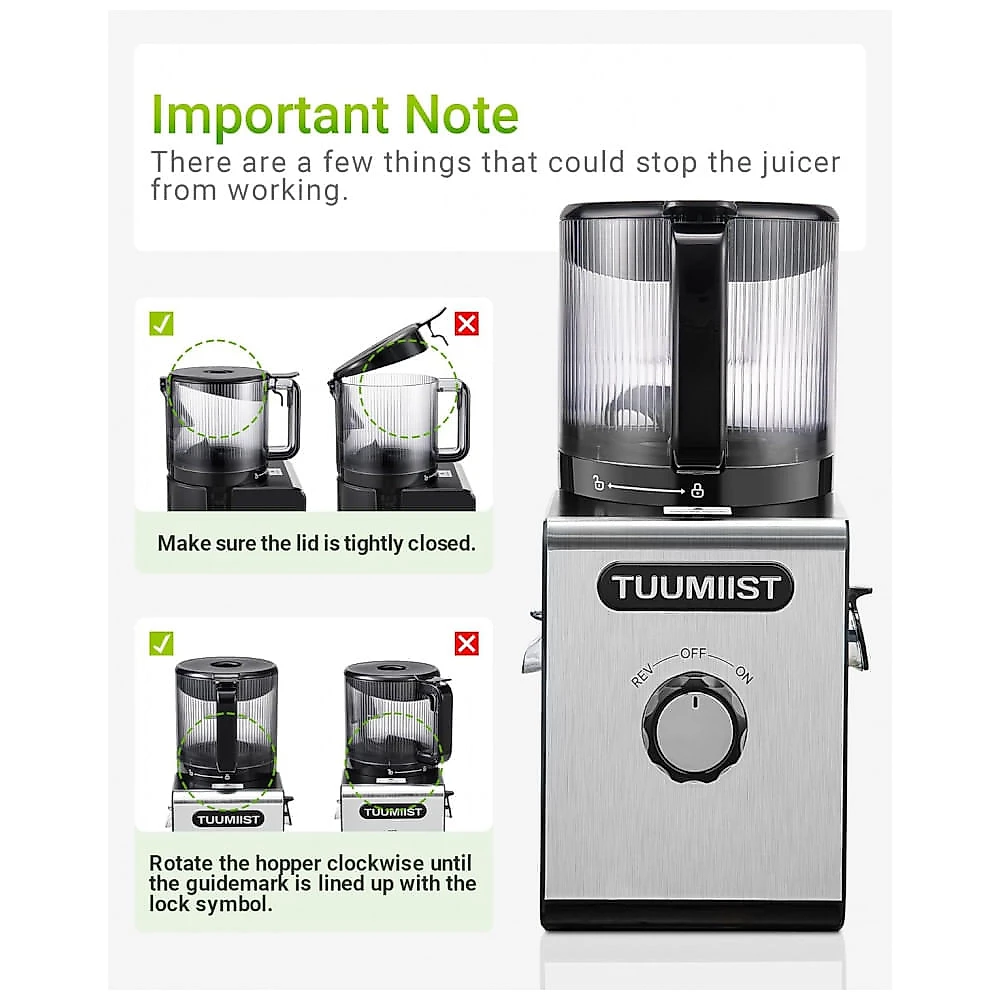 Extrator de Suco a Frio TUUMIIST 16,5 cm com Boca de Alimentação Grande para Frutas e Vegetais Inteiros, Alto Rendimento de Suco, Fácil de Limpar