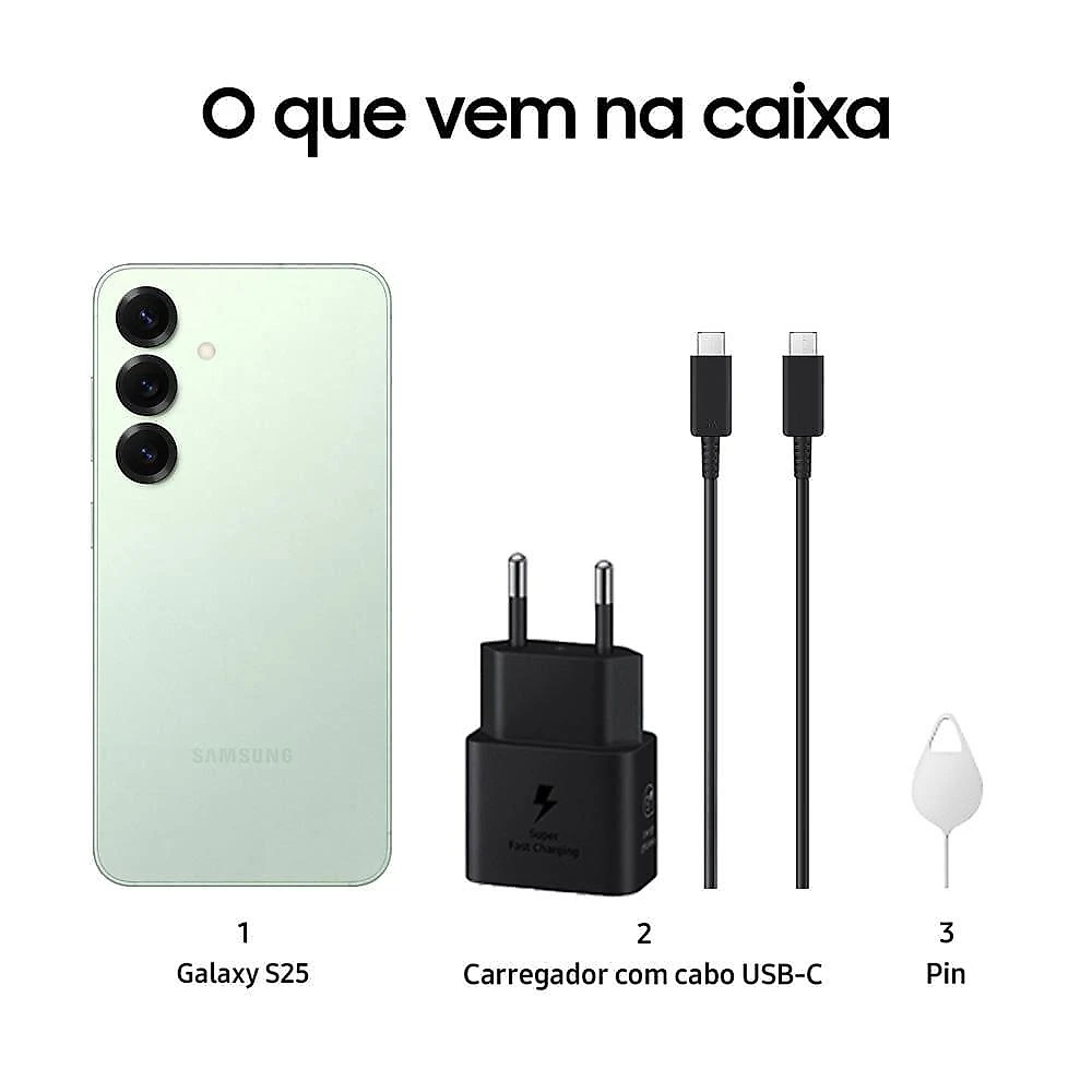 Smartphone samsung galaxy s25 5g verde 256gb, tela de 6.2", 12gb ram, ai inteligência artificial, ip68, processador snapdragon 8 elite e câmera tripla