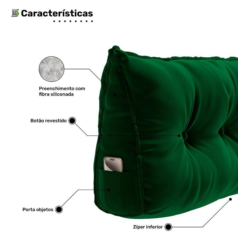 Kit 02 Almofadas Spot 90cm Apoio Lombar Porta Celular Veludo Verde Escuro Desk Design webcontinental-7908649147434