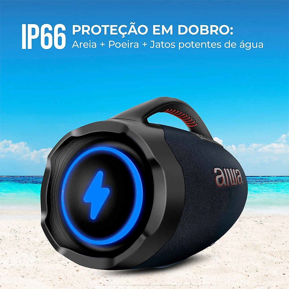 Caixa de Som Boombox Plus AIWA BBS-01-LBL 200W BT 30H IP66 USB RGB BOOMBOX C/ LUZES AWS-BBS-01-LBL BIVOLT