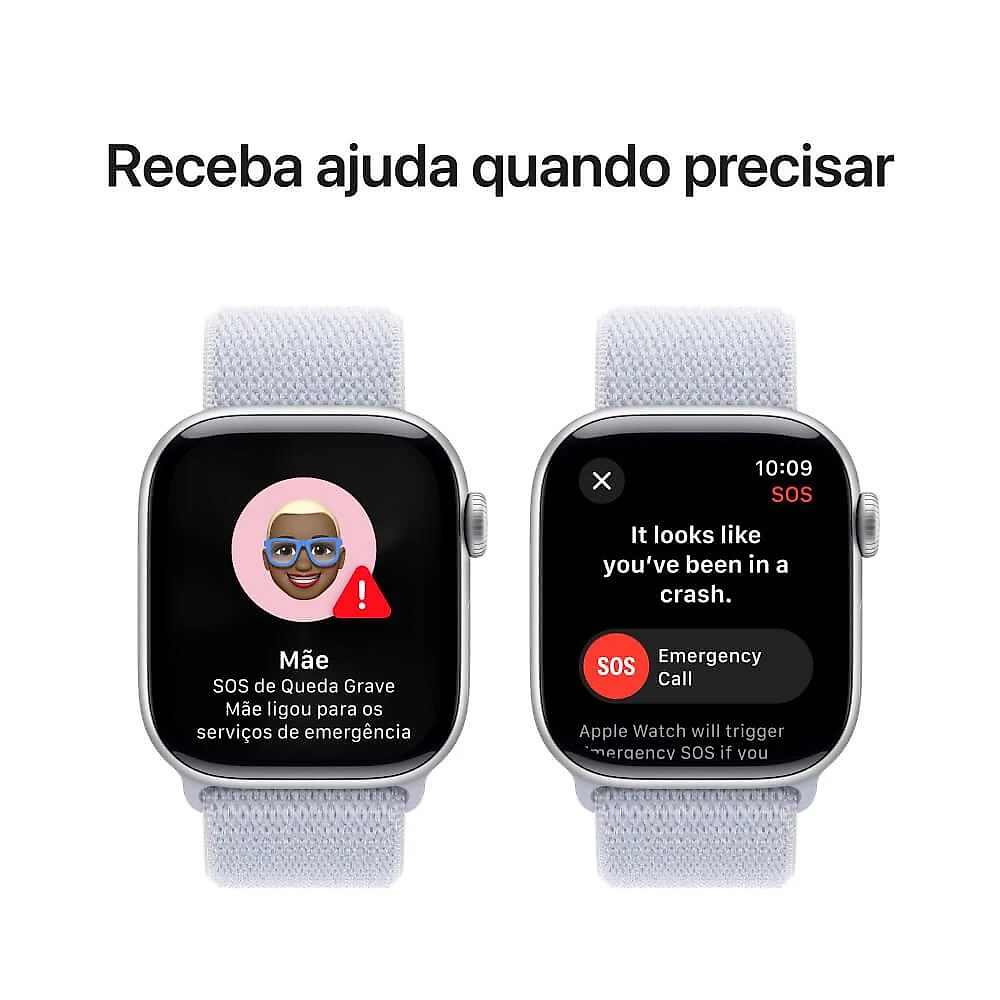 Apple Watch Series 10 GPS + Cellular • Caixa prateada de alumínio – 42 mm • Pulseira loop esportiva nuvem azul