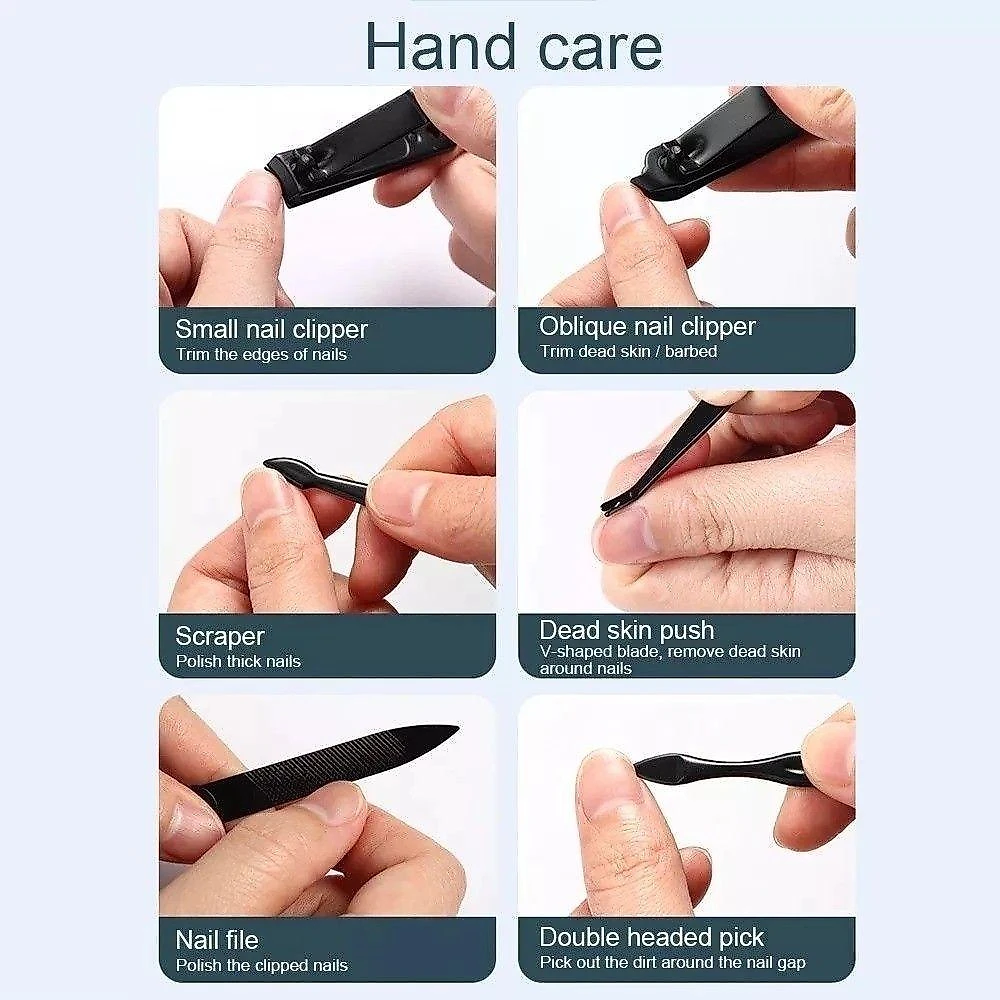 Kit para Manicure e Pedicure 16 Peças em Aço Inoxidável com Estojo Tecido Couro PU Azul Cinza Preto