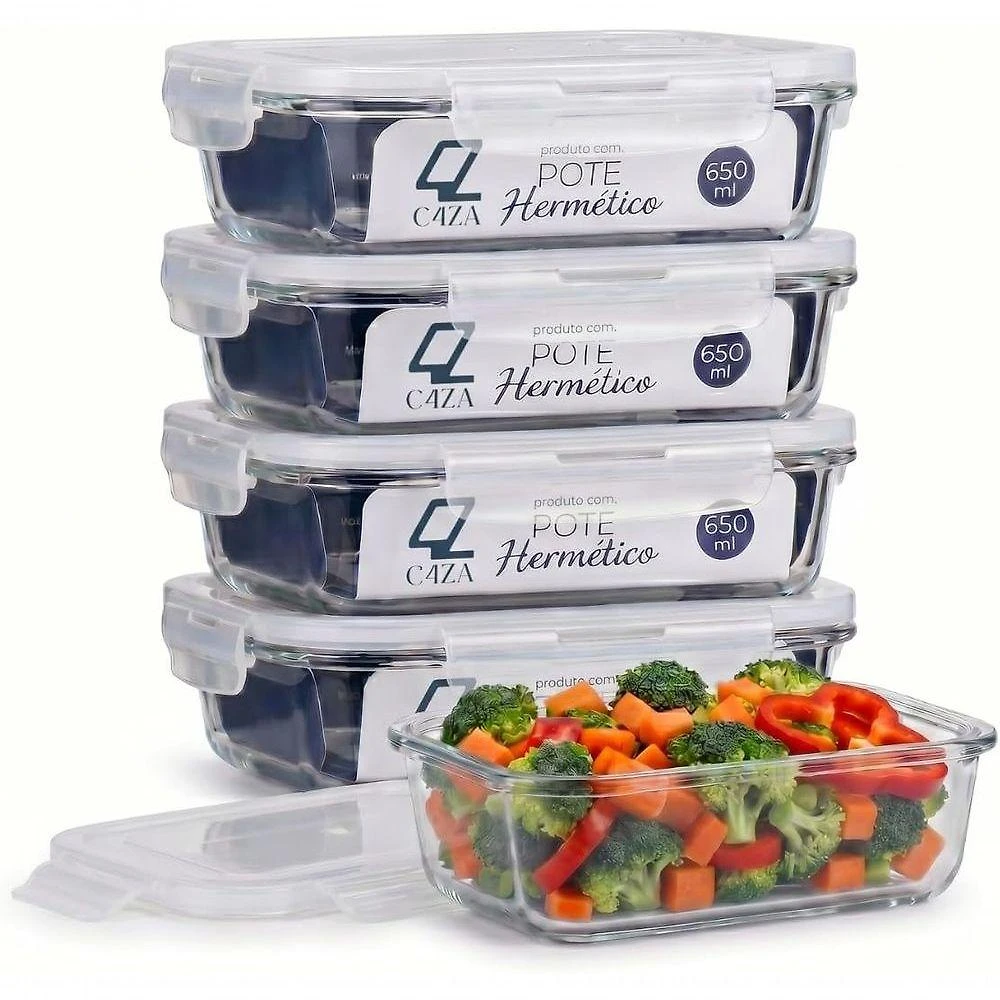 Kit 5 Potes Herméticos de Vidro Resistente 650ml para Freezer Forno Micro-ondas