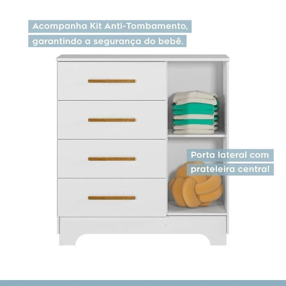 Quarto de Bebê com Berço Mini Cama 100% Mdf com Colchão Life e Cômoda 4 Gavetas 1 Porta Fly 100% Mdf Branco