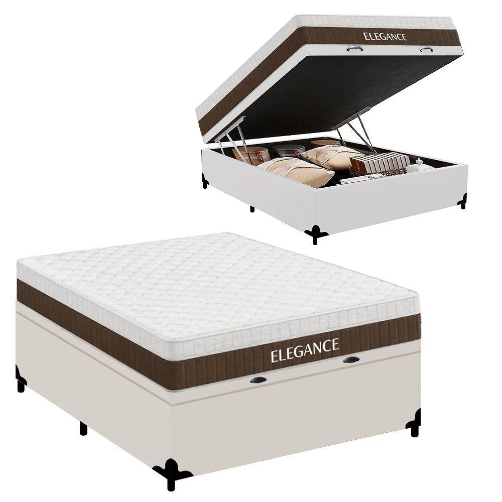 Cama Box com Baú Casal Elegance Euro Pillow Molas Ensacadas Tecido Branco Royal