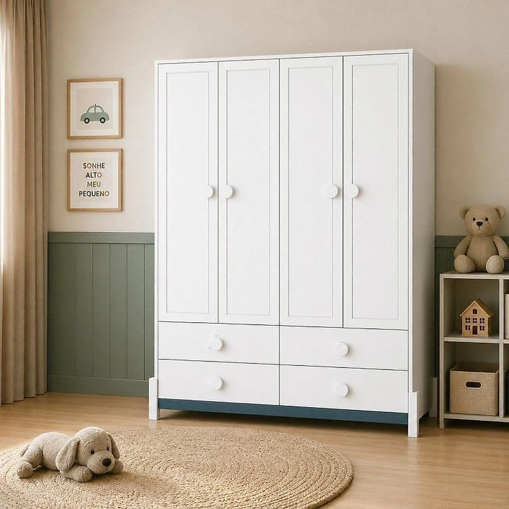 Quarto de Bebê Completo Armário 4PTS , Comoda com Pt e Berço 2 em 1 em MDF Linha Luna Neve/Azul Petroleo