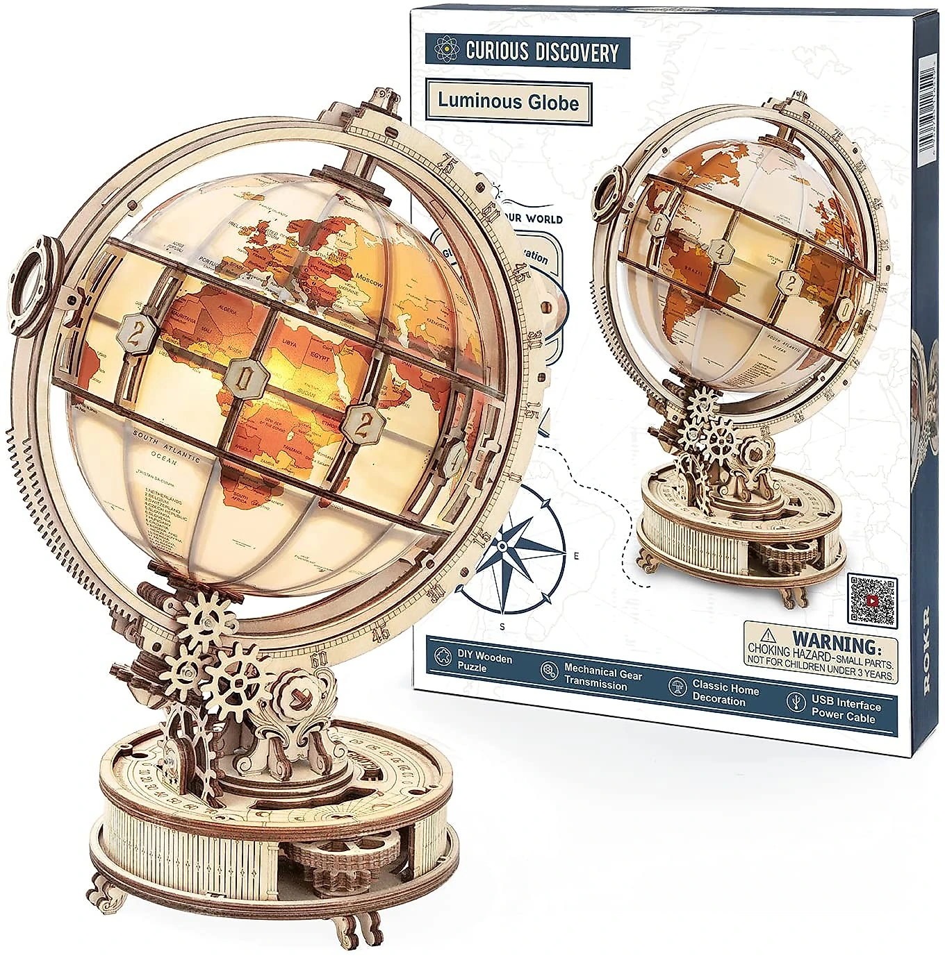 ROBOTIME Quebra Cabeças 3D Globo Real com Luz Led para Crianças e Adultos 180 Peças