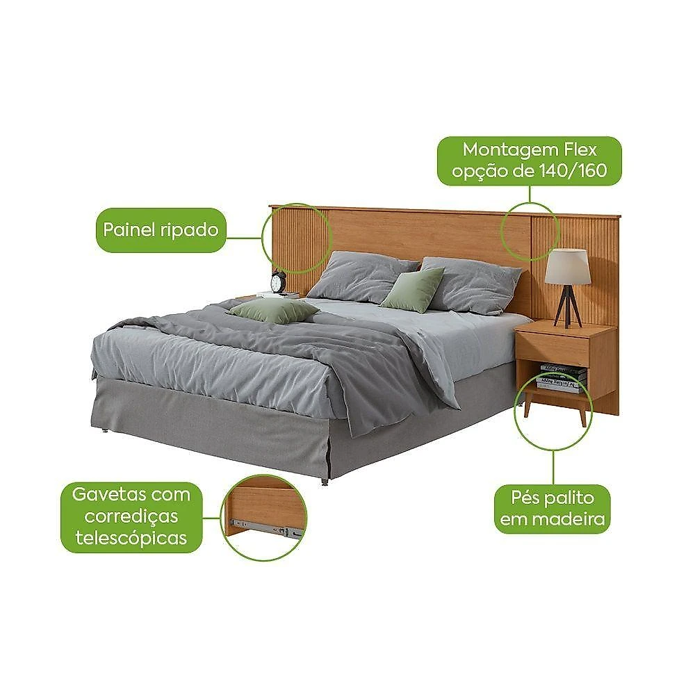 Cabeceira Casal Like com 2 Mesas Acopladas MDF-MDP Estofada em Suede Amêndoa Móveis Lopas