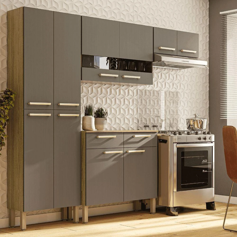 Cozinha com Balcão Nala 10 Portas 2 Gavetas MDP Freijó Gris Kit's Paraná