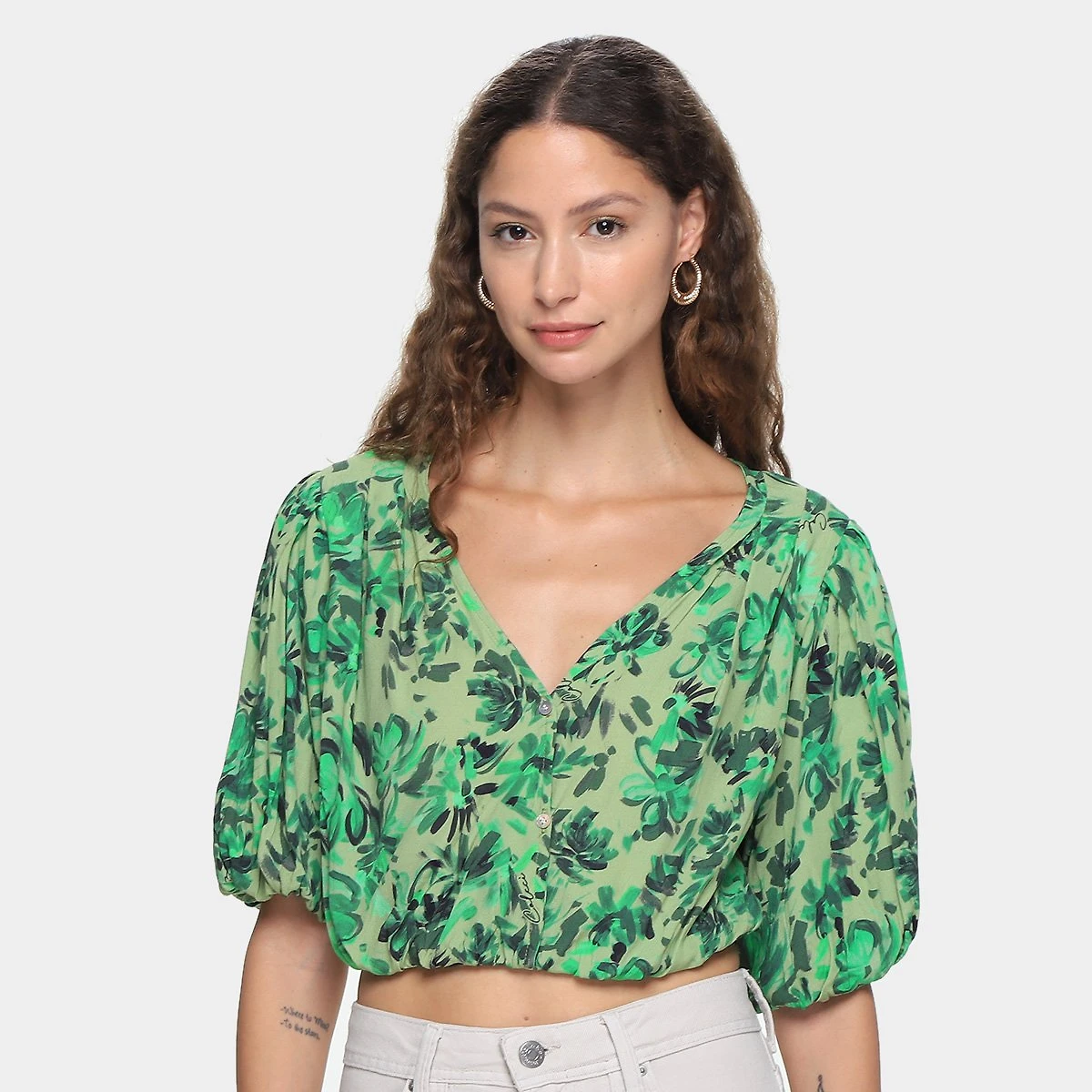 Miniatura Blusa Colcci Cropped Manga Bufante Feminina Verde+Preto - G