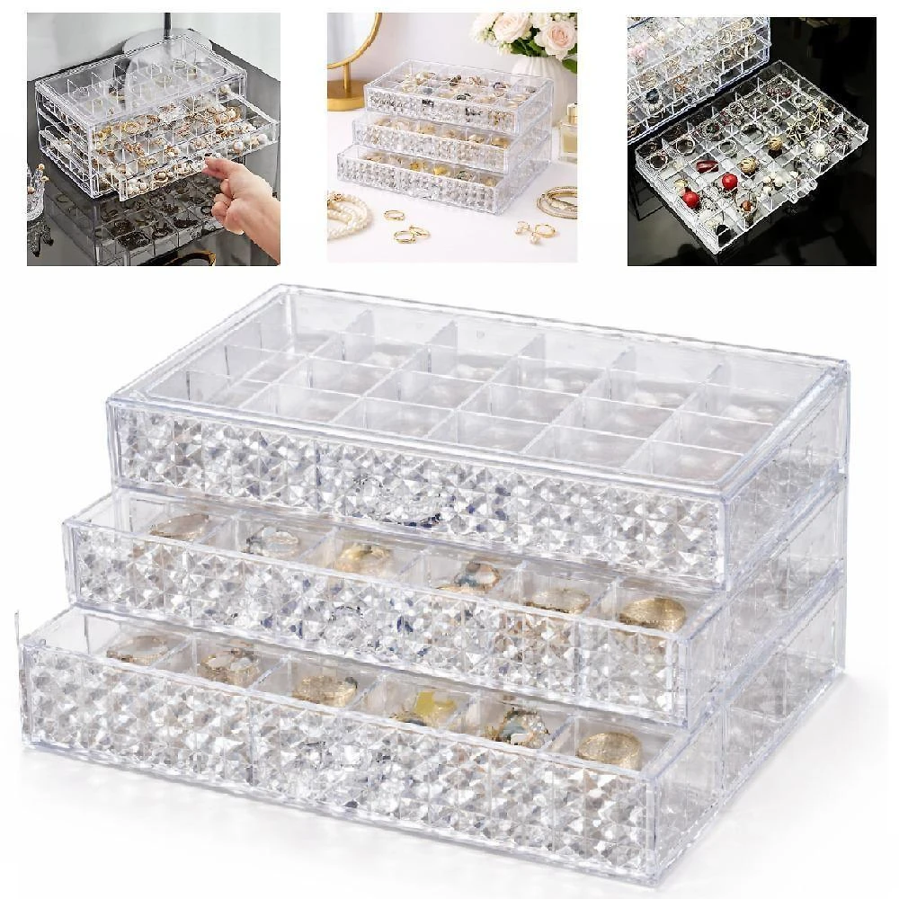 Porta Joias Organizador m 72 Divisórias Acrílico 3 Gavetas Transparente para Acessórios Yeet 13,5CM