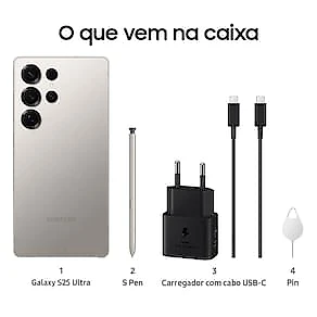 Smartphone Samsung Galaxy S25 Ultra Titânio Cinza 256GB, Tela 6.9", 12GB RAM, AI Inteligência Artificial, IP68, S-Pen, Snapdragon 8 Elite e 4 Câmeras