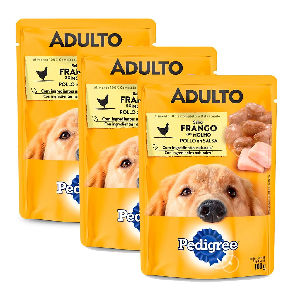 Kit 3 Ração para Cães Pedigree Vital Pro Adultos Raças pequenas Frango ao Molho 100g