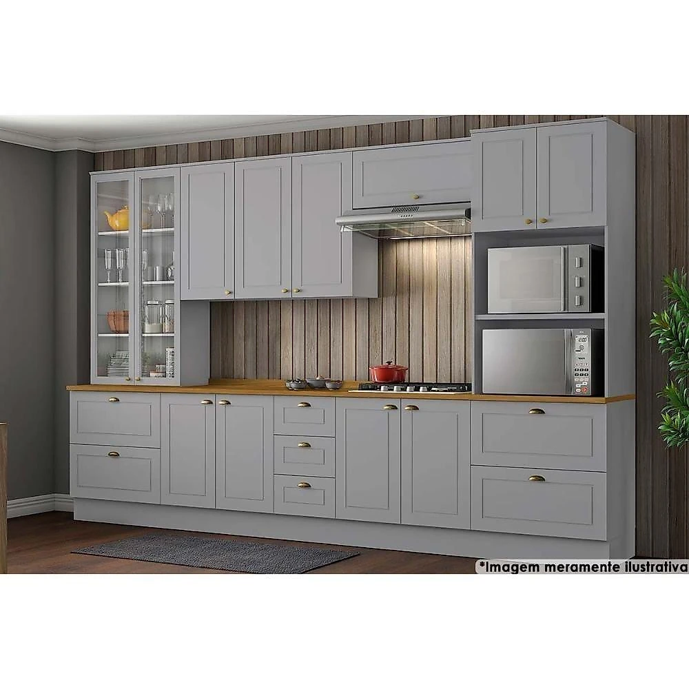 Módulo Cozinha Americana Balcão Com Tampo Com 2 Portas 80cm Cinza2 Aéreos + 1 Balcão + 1 Complemento