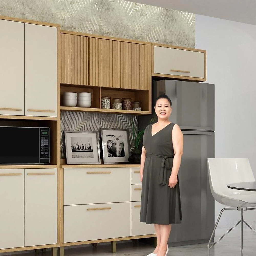 Conjunto de Cozinha Balcão 3 Portas 2 Gavetas e Armário Aéreo 120cm 3 Portas Ripado Torino Cinamomo/Off White