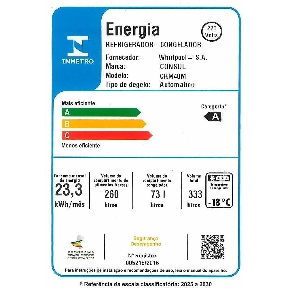 Geladeira CRM40MB 333L Frost Free Duplex Consul 170,5 - 333 - A - Branco - Automático - 12 Meses - LED - 62,2 - 58,5 - 110V