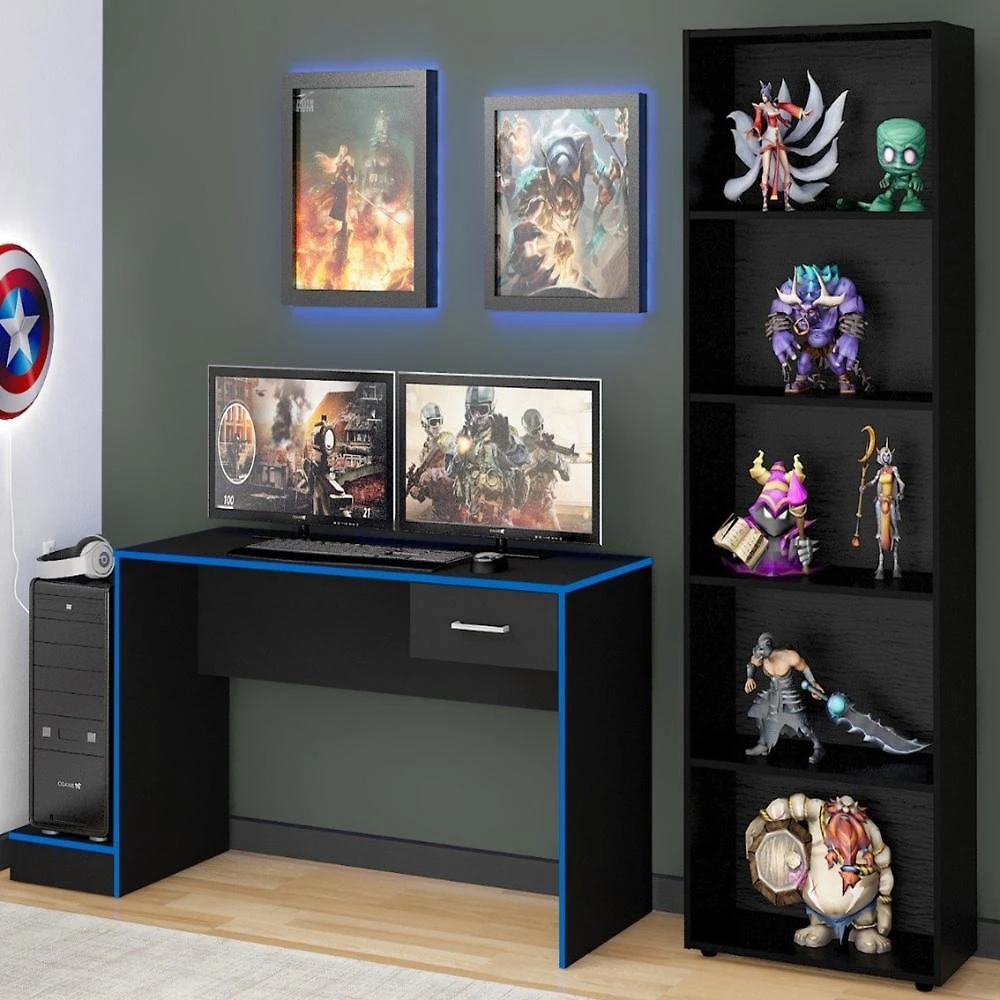 Kit 2 Peças com 1 Escrivaninha Gamer e 1 Estante para Livros 5 Prateleiras