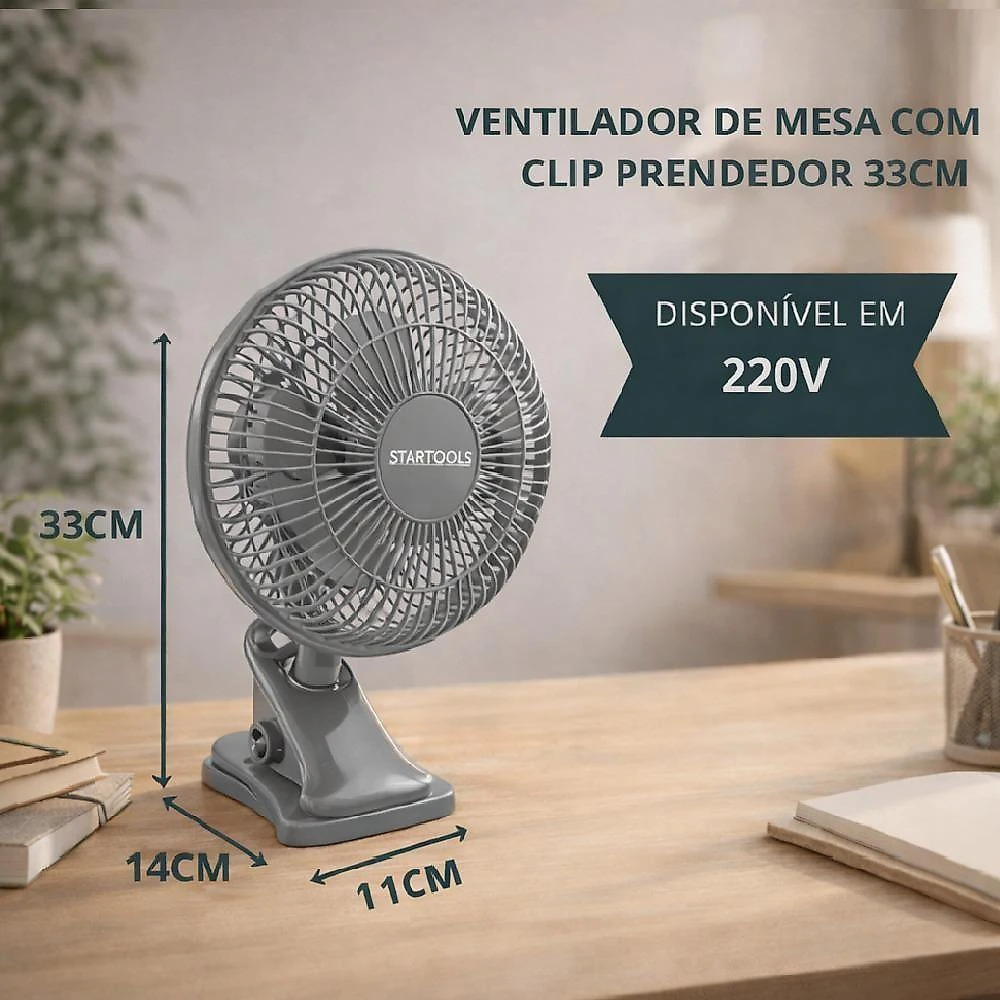 Ventilador de Mesa com Clip Yeet 25W 33cm 3 Pás 2 Velocidades Cinza Startools 220V