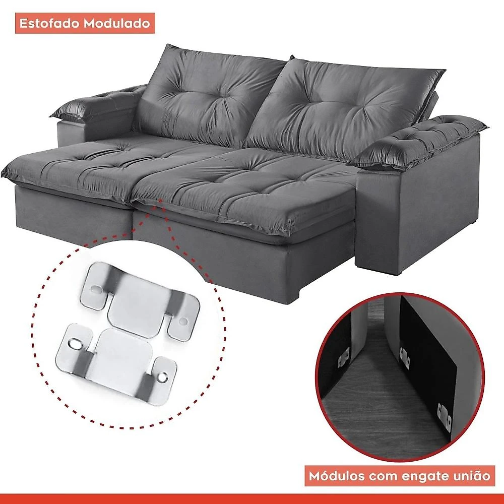 Sofá Retrátil e Reclinável Modulado 2 Lugares 210cm Pés em Madeira Maciça Canadá Sofá Retrátil e Reclinável 210cm M164 Veludo/Cinza Escuro