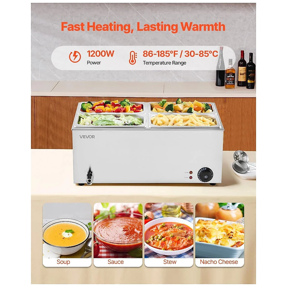 Aquecedor de Alimentos Buffet VEVOR 4 Cubas Banho-Maria 22,7L Inox 30-85°C 110V