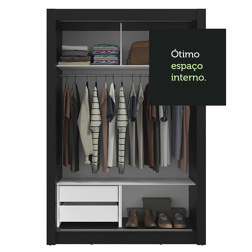 Guarda-roupa solteiro 2 portas de correr 2 gavetas vivare madesa preto