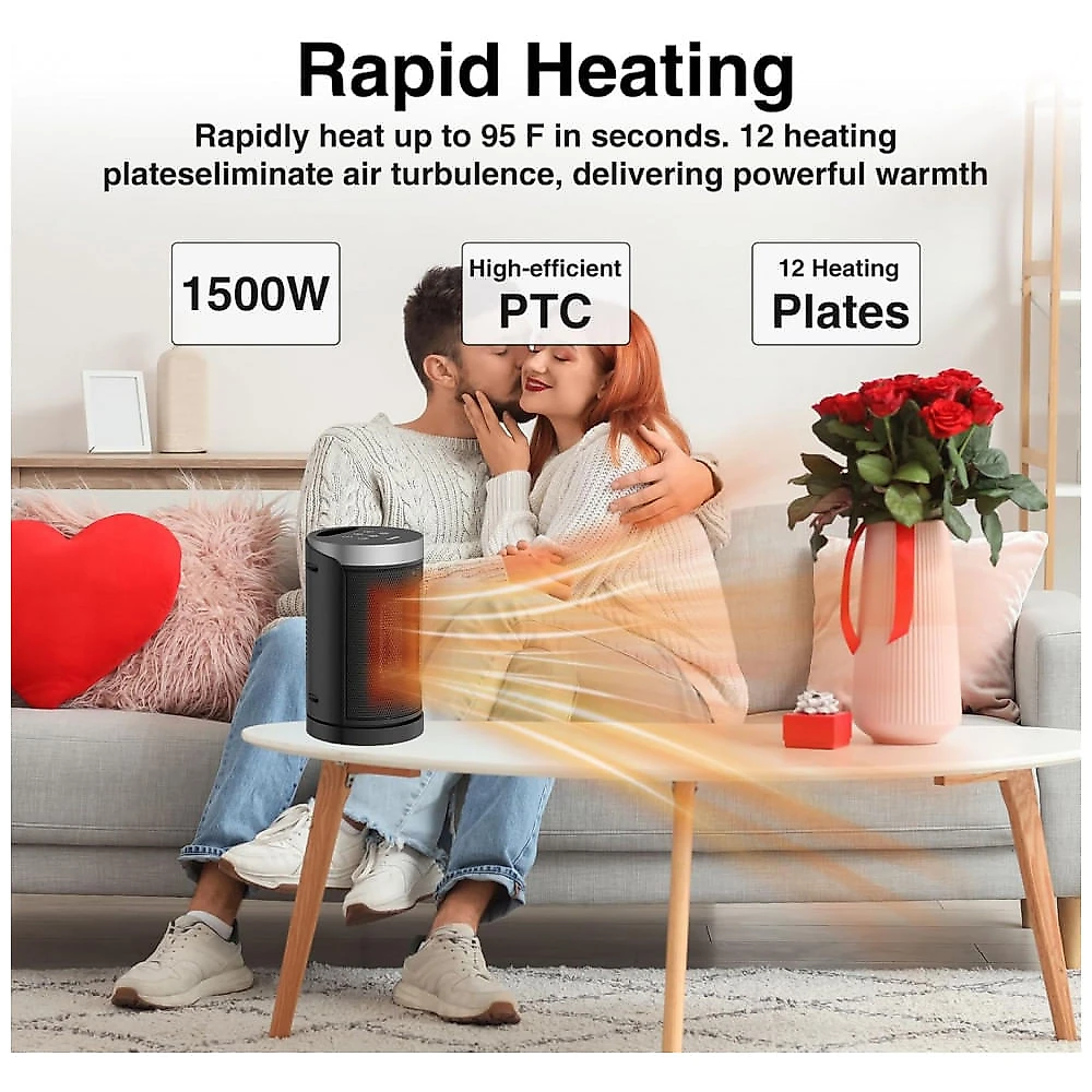 Aquecedor Cerâmico Portátil WINHL Preto Oscilação 70° 5 Modos PTC 1500W Timer 12h Controle Remoto 120V