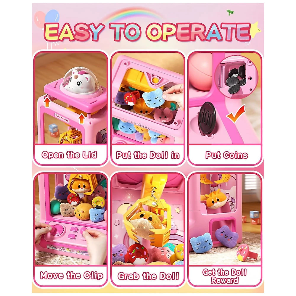 Máquina de Garra Rosa Jovow – Mini Arcade Infantil com 30 Mini Brinquedos, Luzes LED, Som e Versão Personalizável