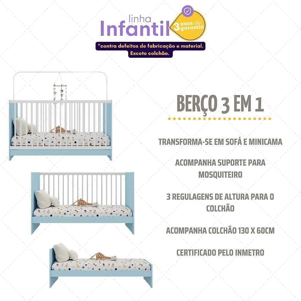 Jogo De Quarto Infantil Com Colchão Incluso Trevalla Móveis Pom Pom - Azul-branco Azul-branco