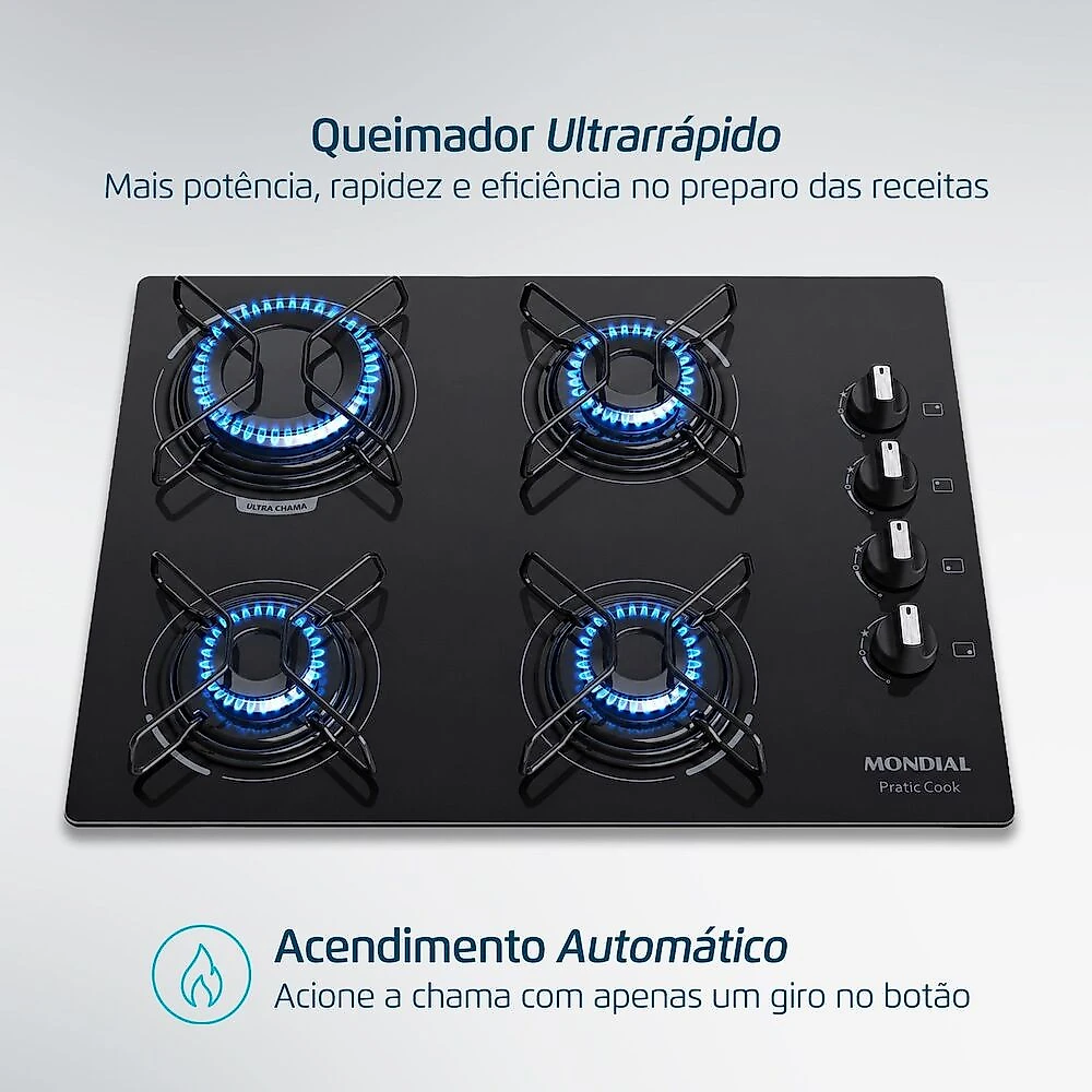 Cooktop a Gás 4 Bocas Mondial Preto Bivolt - CTG-05-4B Bivolt